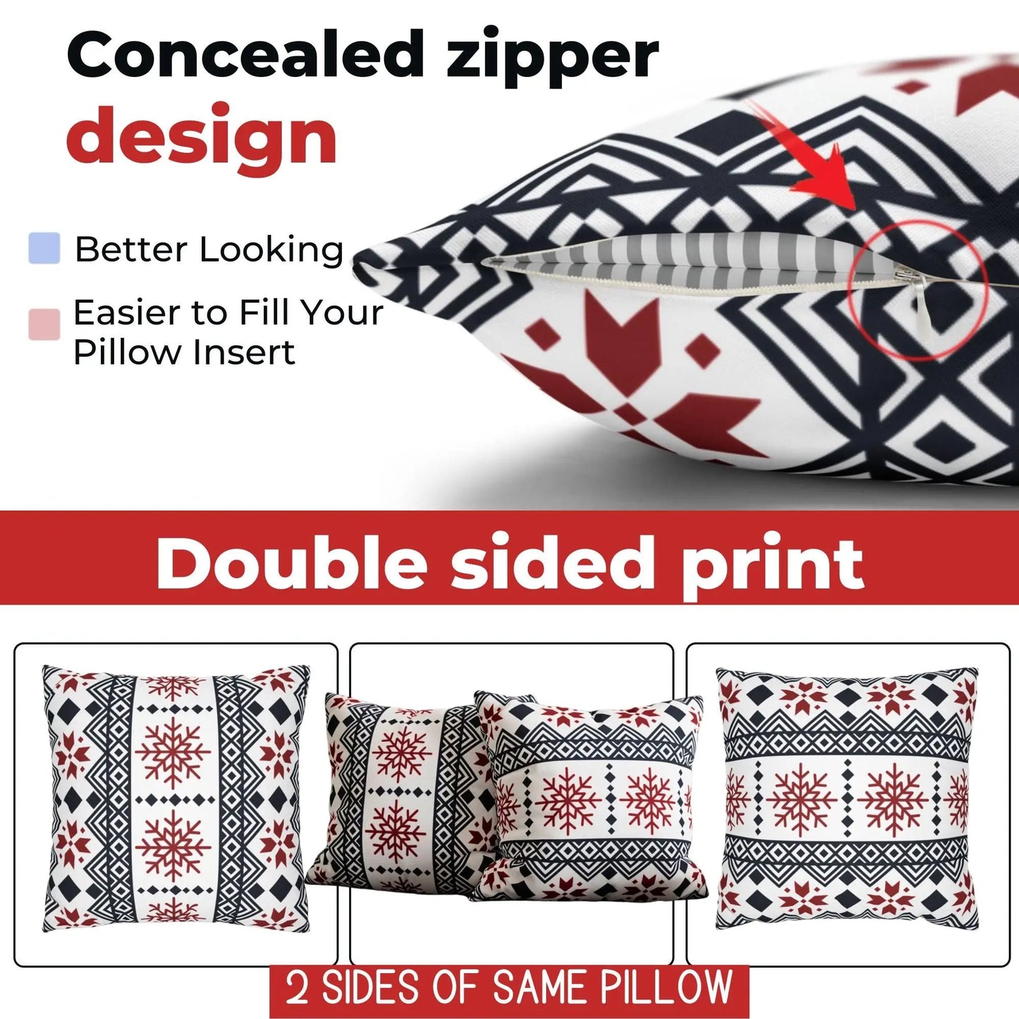 Scandi Pillow Cover – Black Red Snowflake Nordic Cushion | Winter Home Decor