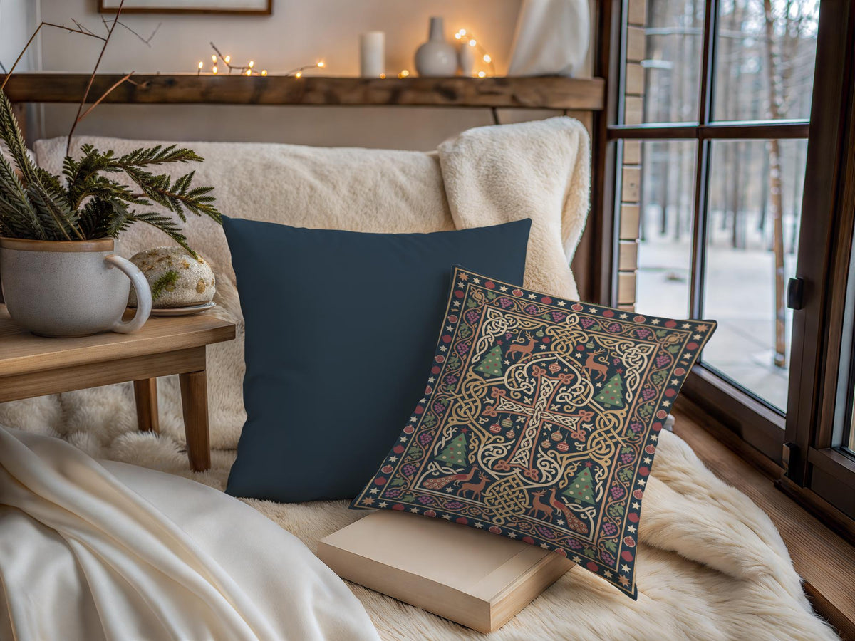 Armenian cross woven throw pillow in green and gold with a Christmas design
