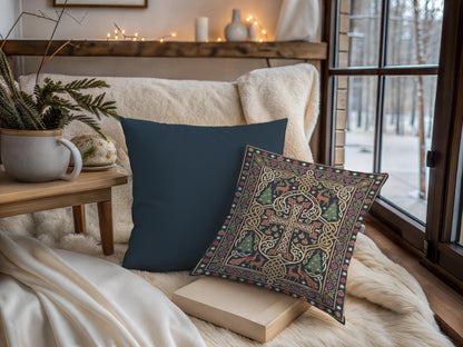Armenian cross woven throw pillow in green and gold with a Christmas design