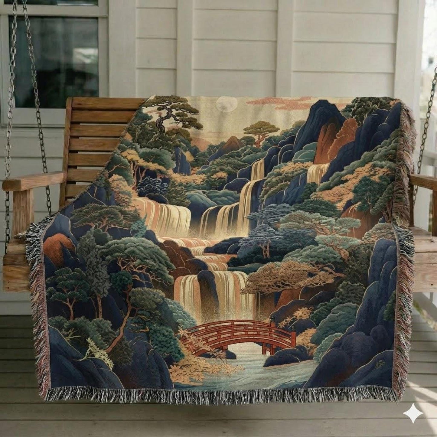 Boho woven blanket with woven pattern styled for layered home decor
