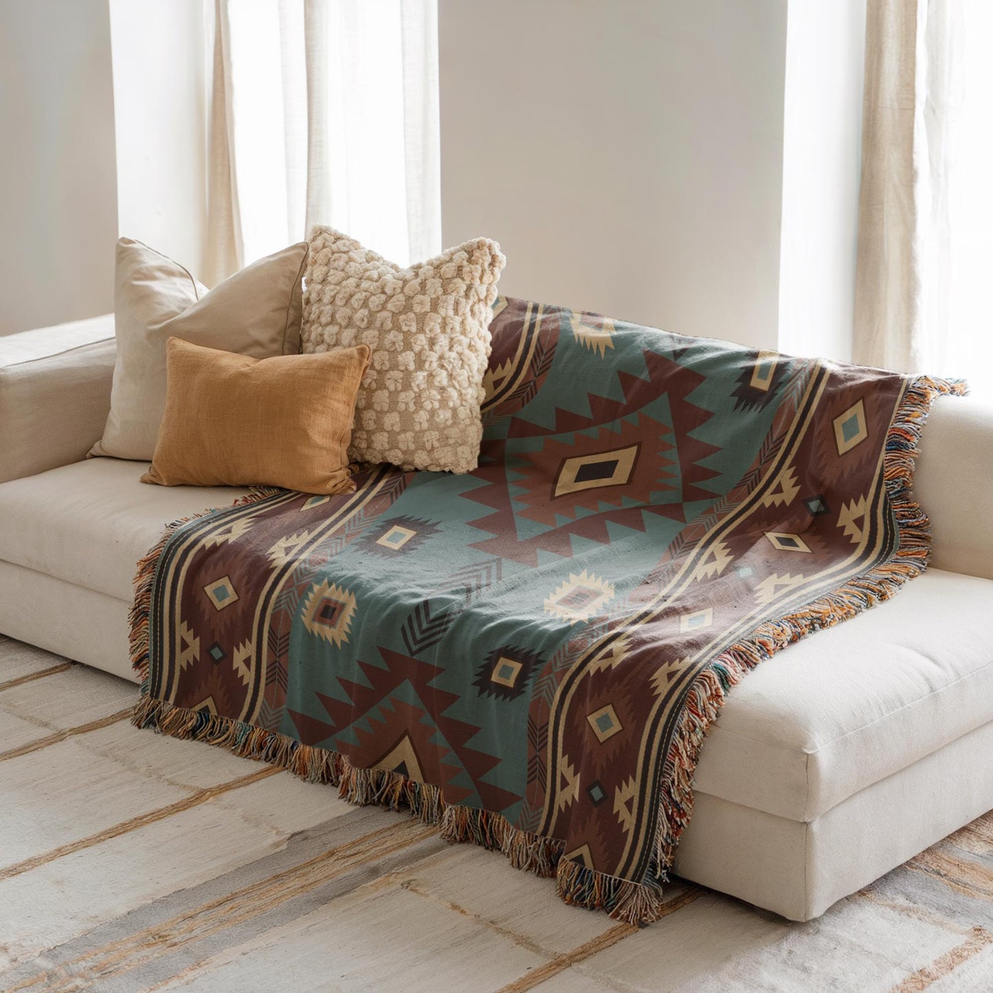Southwestern woven blanket with geometric pattern styled for layered home decor
