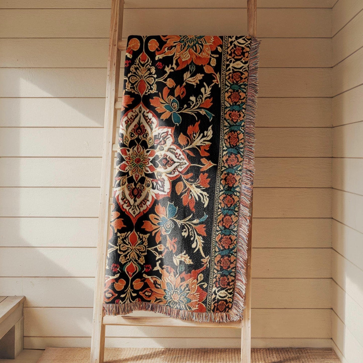 Anatolian Inspired woven wall tapestry with rug-style pattern styled as textile wall decor