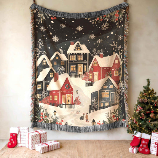 Holiday Cotton Tapestry – Christmas Village Decor | Festive Woven Blanket Throw - timelessbohochic.com