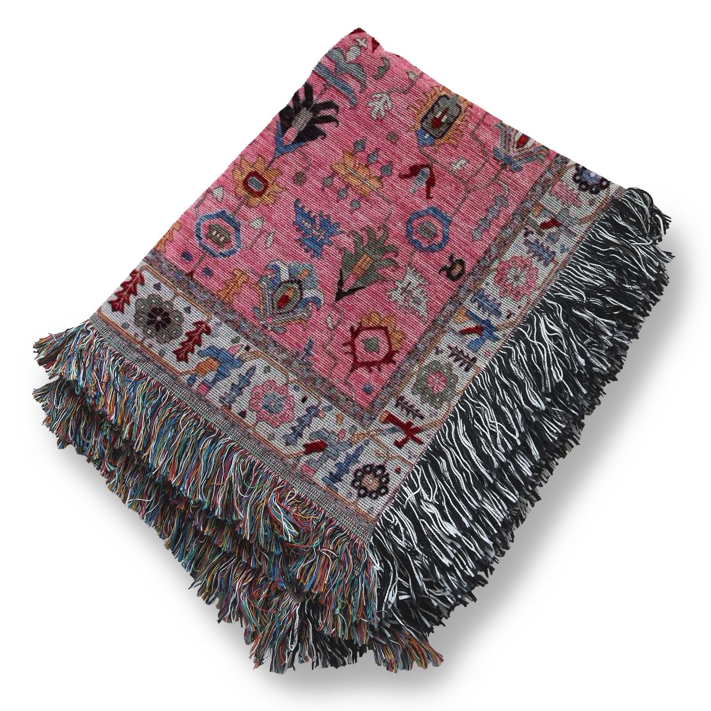 Anatolian Inspired woven blanket with rug-style pattern styled for layered home decor
