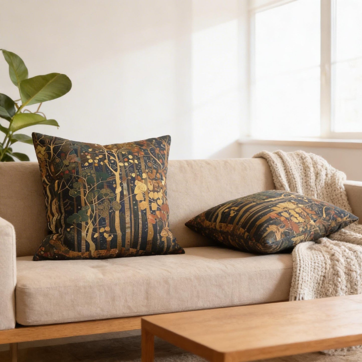 Scandinavian Inspired pillow cover with woven pattern styled on a sofa or bed