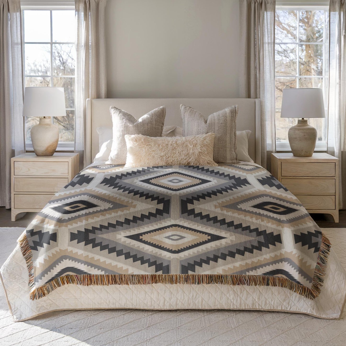 Southwestern woven blanket with geometric pattern styled for layered home decor