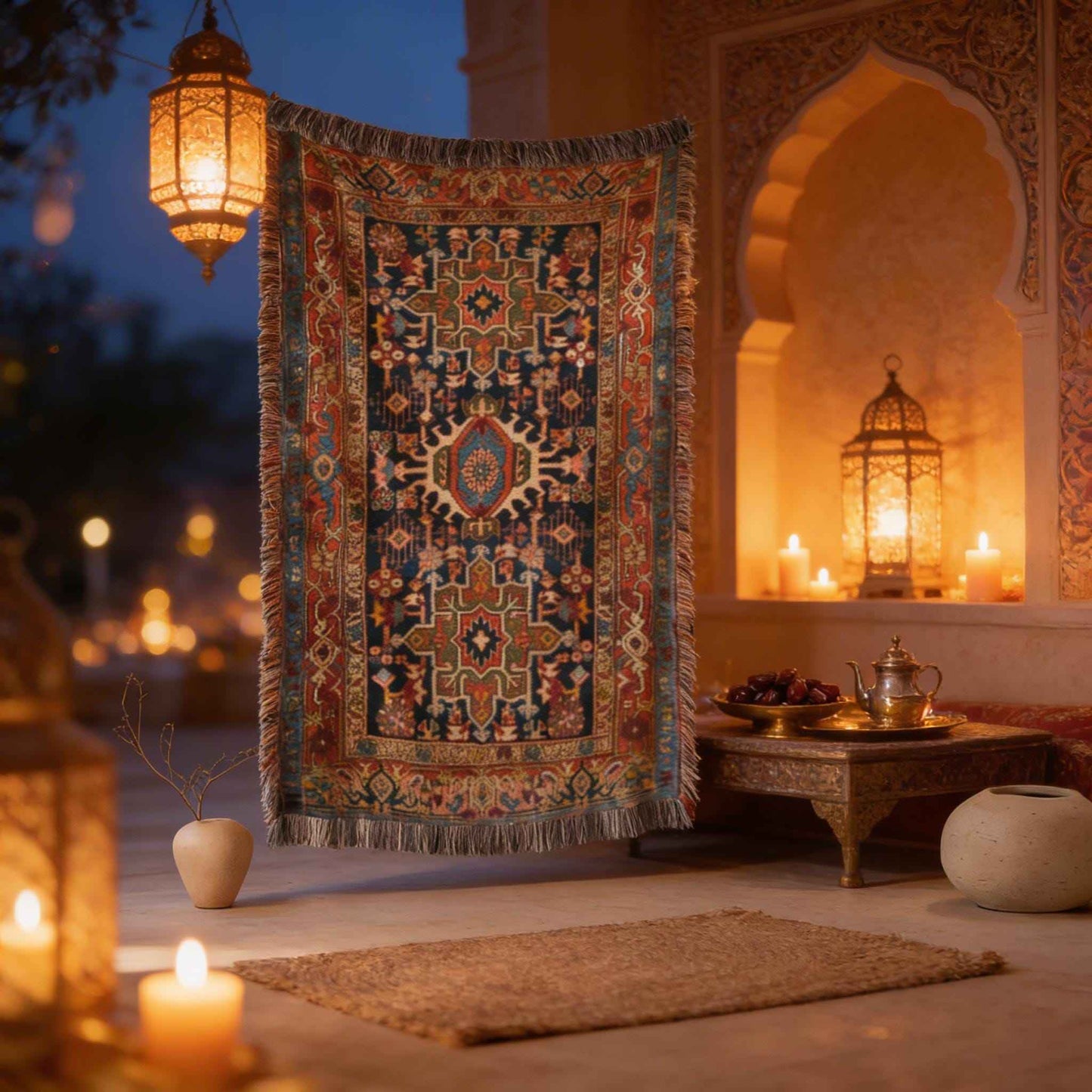 Anatolian Inspired woven wall tapestry with rug-style pattern styled as textile wall decor