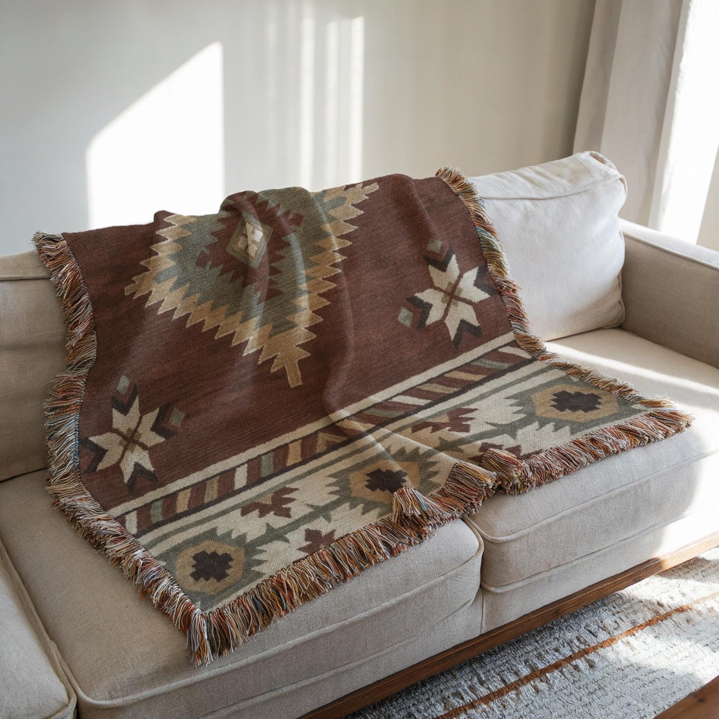 Southwestern woven blanket with geometric pattern styled for layered home decor