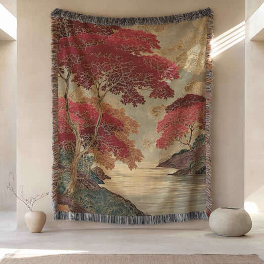 Scandinavian Inspired woven wall tapestry with rug-style pattern styled as textile wall decor