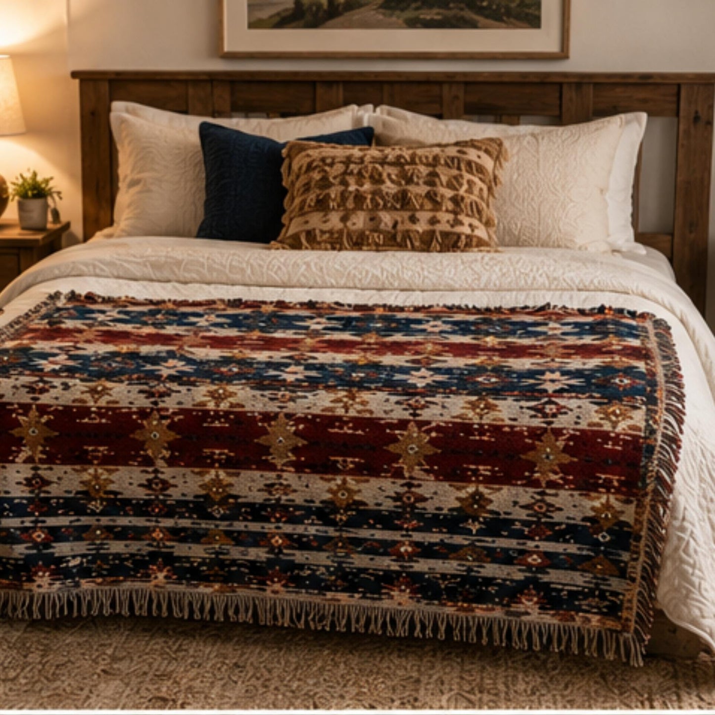 Southwestern woven blanket with geometric pattern styled for layered home decor