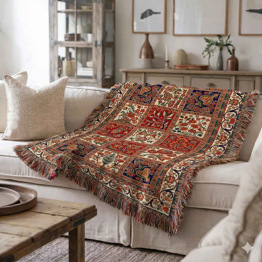 Caucasian Rug Inspired woven blanket with geometric pattern styled for layered home decor