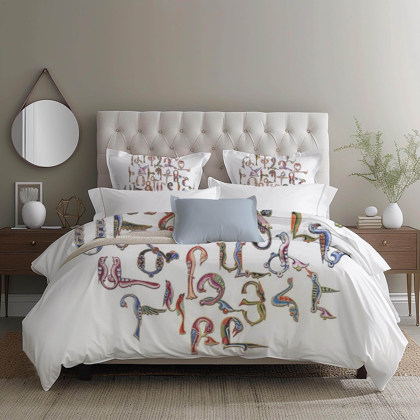 Armenian Alphabet Duvet Cover - Multicolor Bedding Set with Trchnagir Pattern & Zipper Closure - timelessbohochic.com