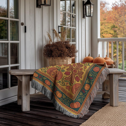 Gold and teal Armenian pumpkin blanket on a wooden porch bench beside a basket