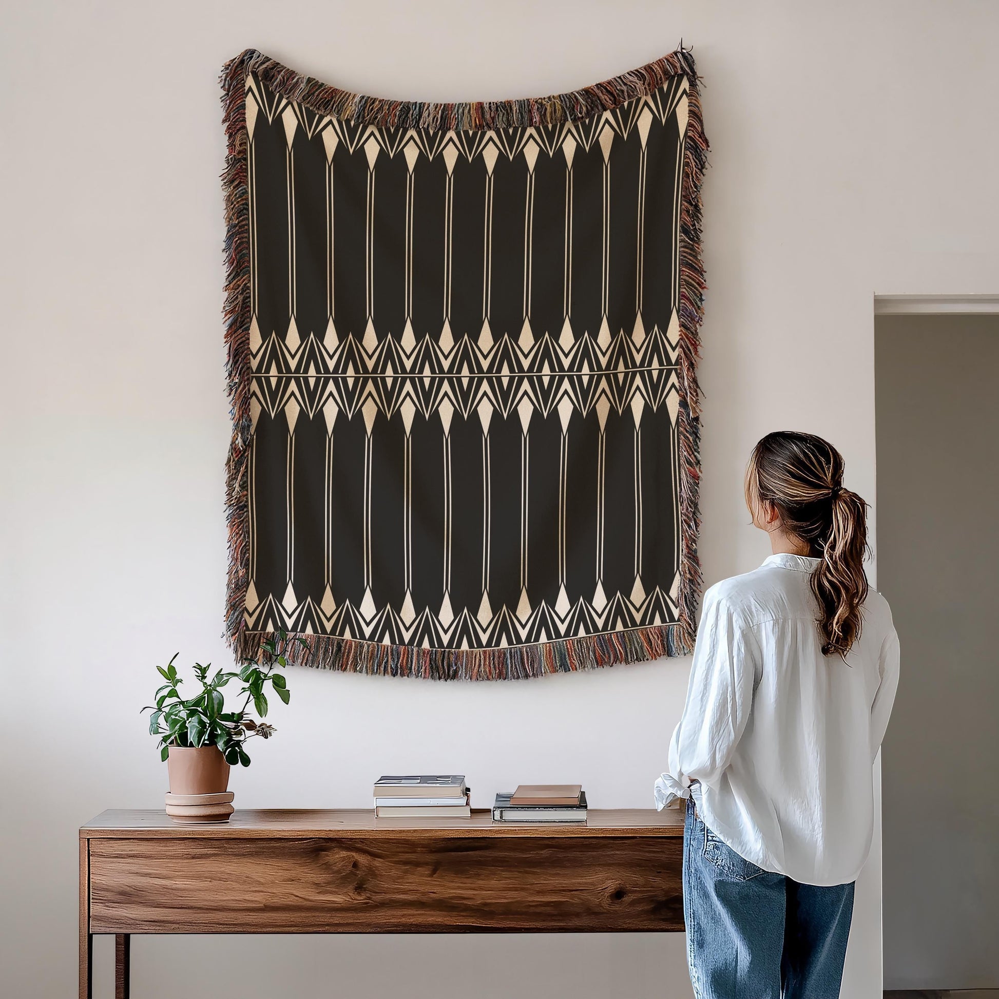 Black White Tapestry – Modern Wall Art Boho Hanging with Geometric Cotton Coverlet