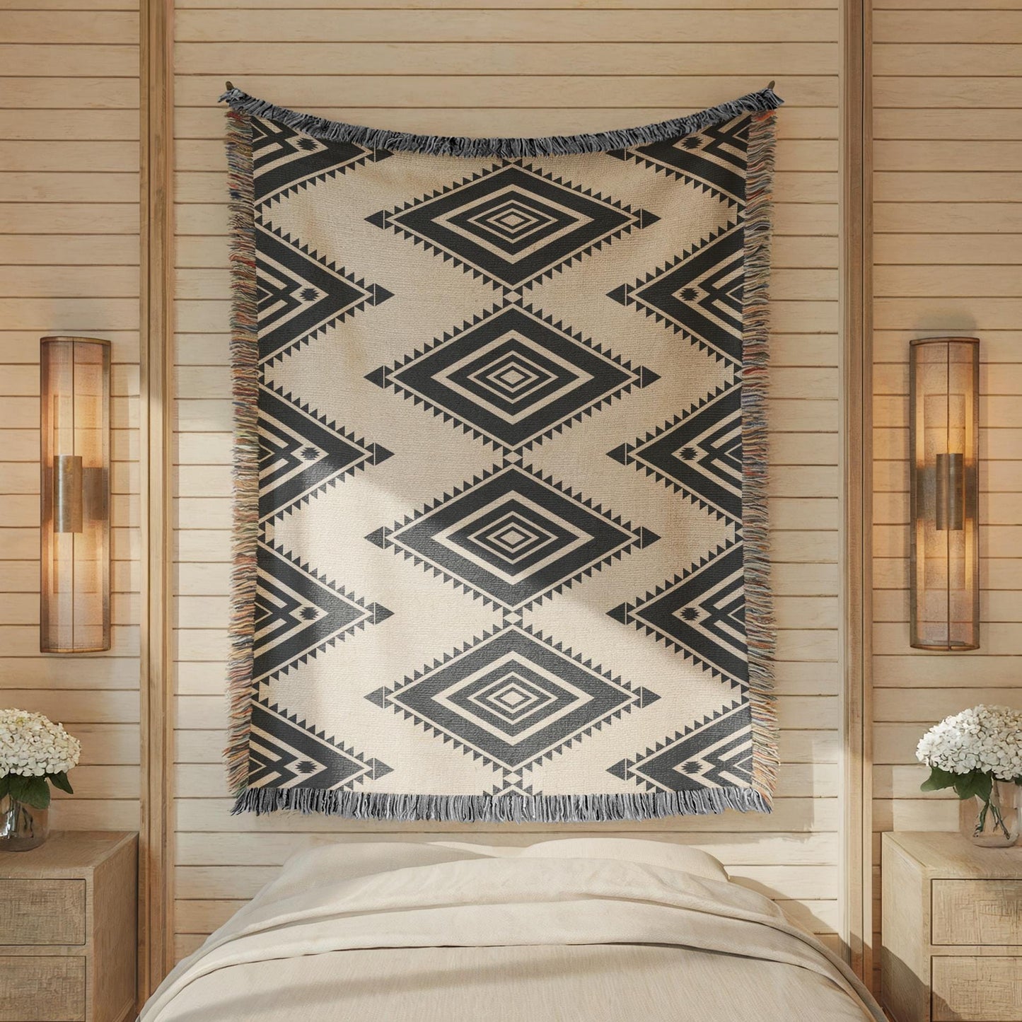 Southwestern woven blanket with geometric pattern styled for layered home decor