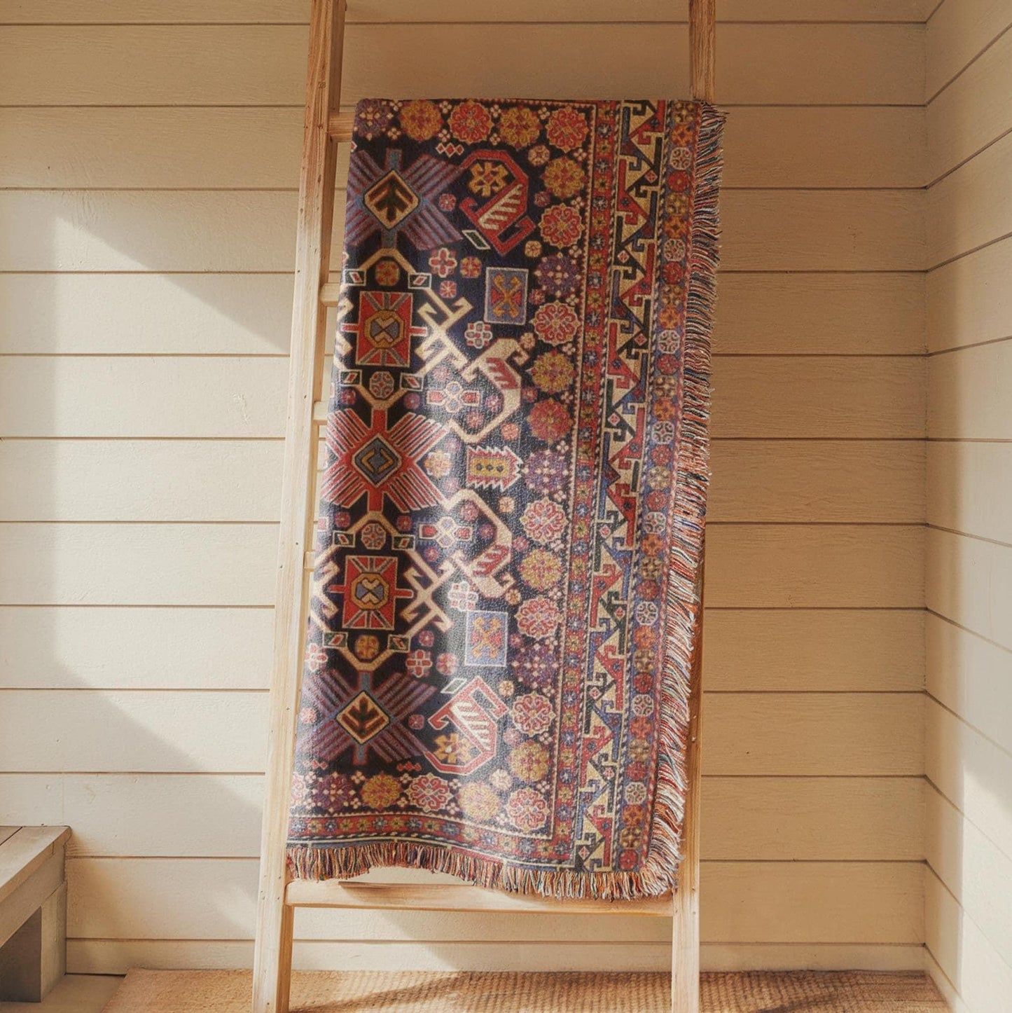 Anatolian Inspired woven wall tapestry with rug-style pattern styled as textile wall decor