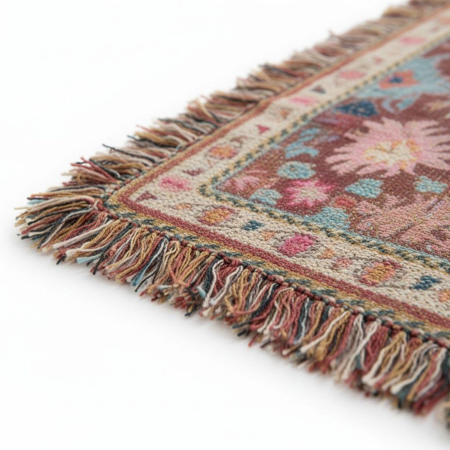Anatolian Inspired woven blanket with rug-style pattern styled for layered home decor