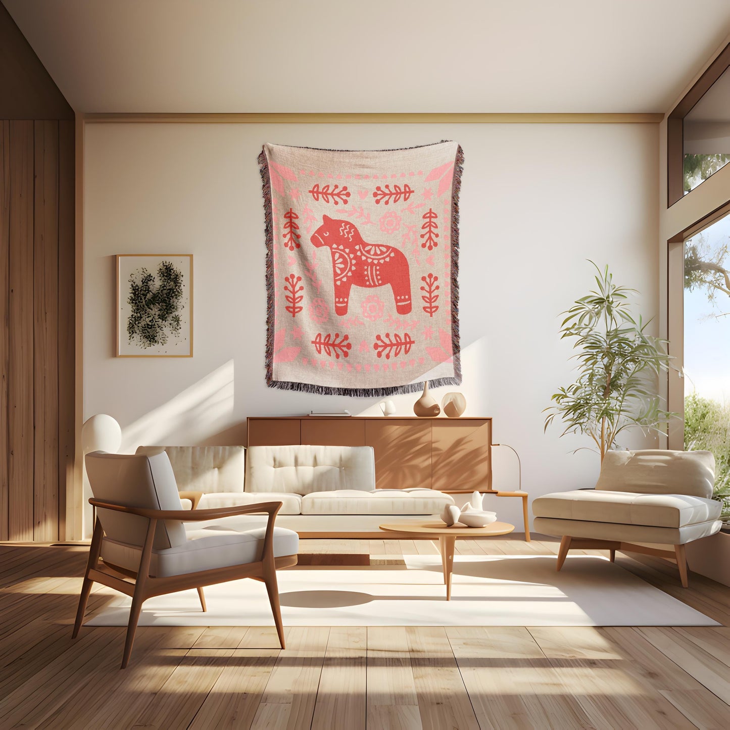 Scandinavian Inspired woven blanket with woven pattern styled for layered home decor