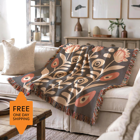 Floral Bouquet Blanket - Matisse Inspired Cotton Woven Throw with Colorful Fringed Edges