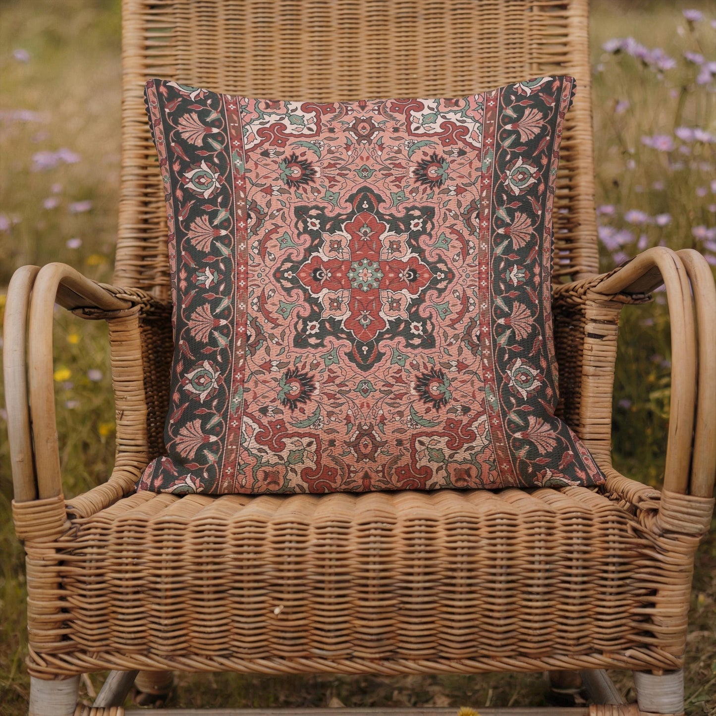Anatolian Inspired throw pillow with rug-style pattern styled on a sofa or bed