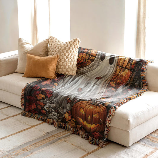Halloween Living-Room Blanket – Ghost Pumpkin Throw With Stained Glass Design