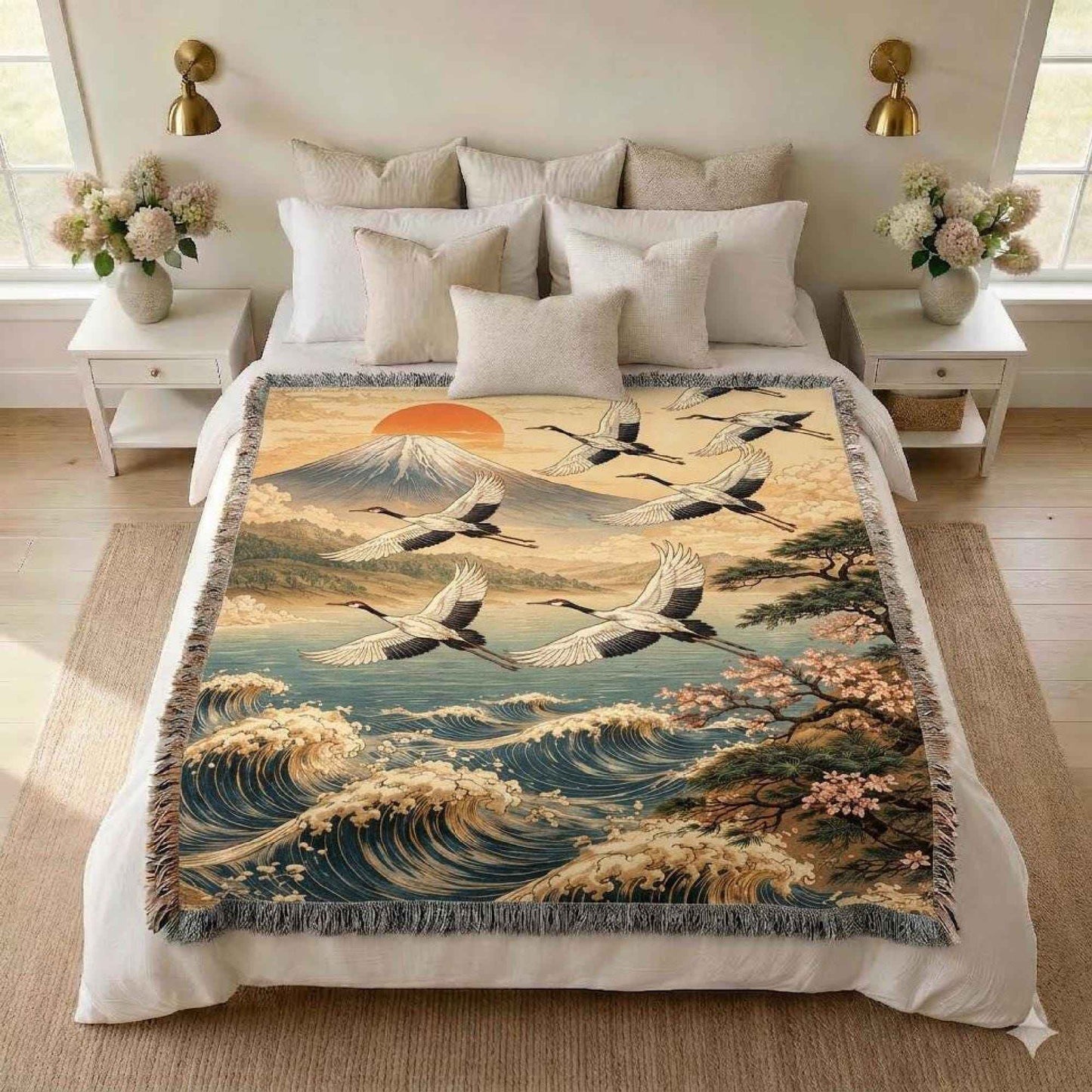 Modern Geometric woven blanket with geometric pattern styled for layered home decor