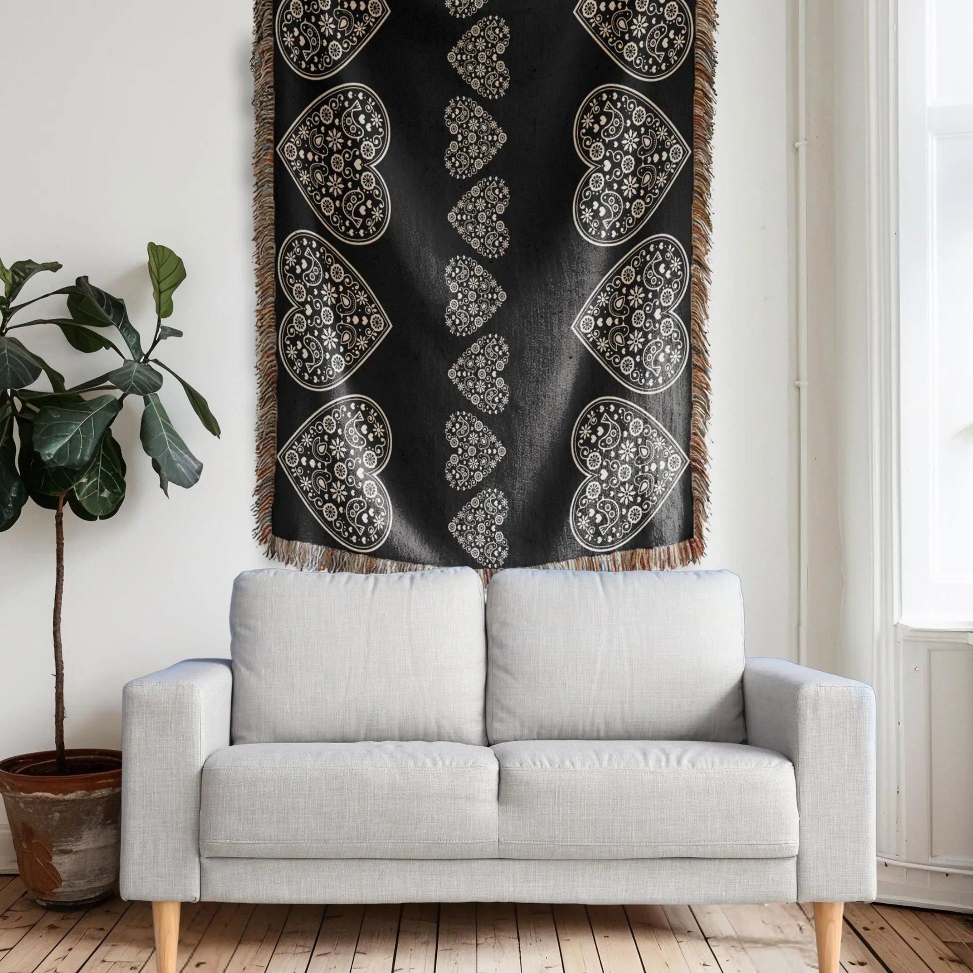 Cotton Woven Blanket – Scandinavian Throw With Scandi Hearts Pattern & Fringed Edges