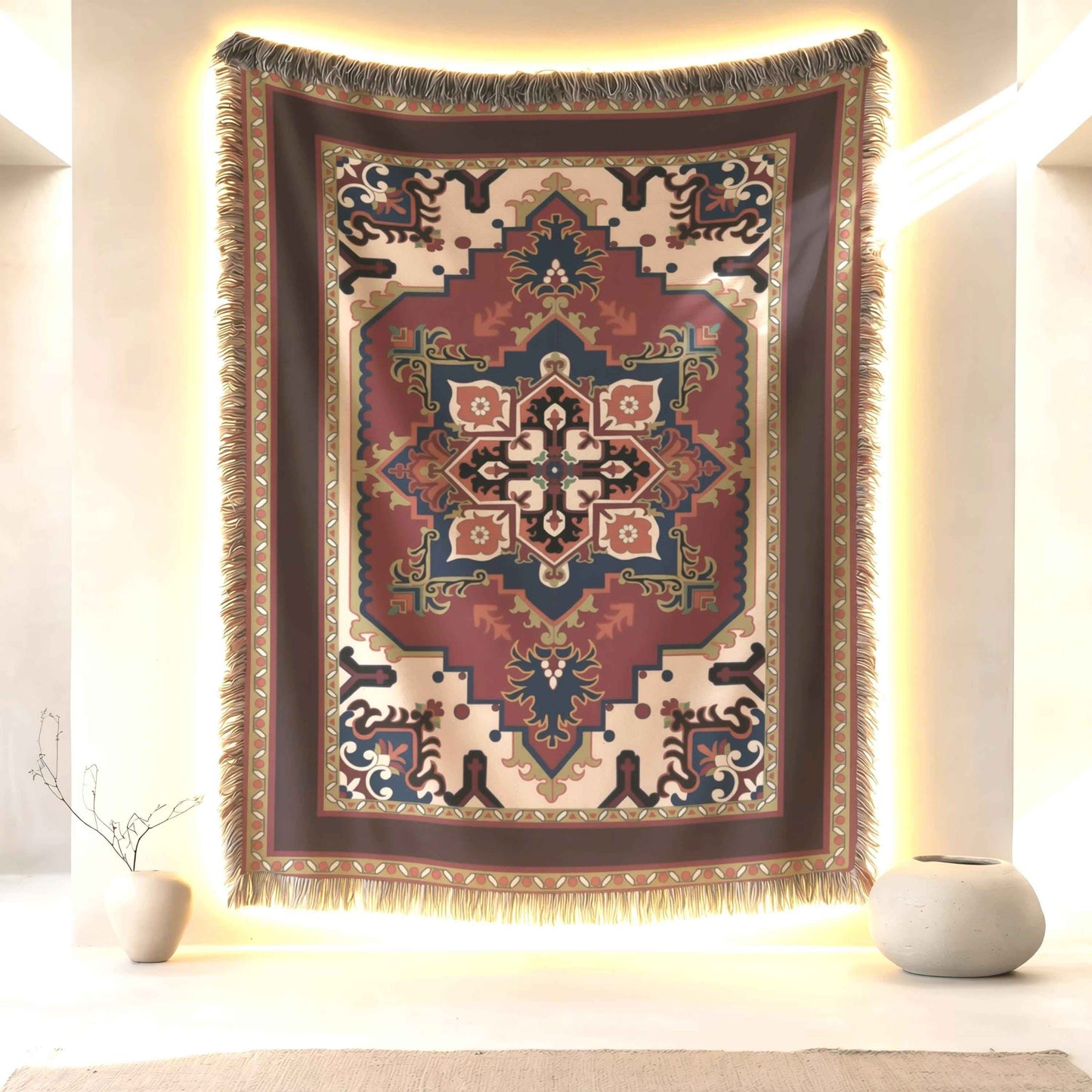 Moroccan Inspired woven wall tapestry with rug-style pattern styled as textile wall decor