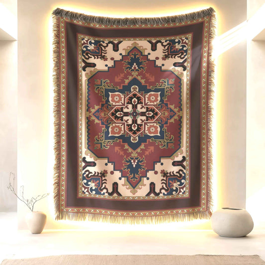 Moroccan Inspired woven wall tapestry with rug-style pattern styled as textile wall decor