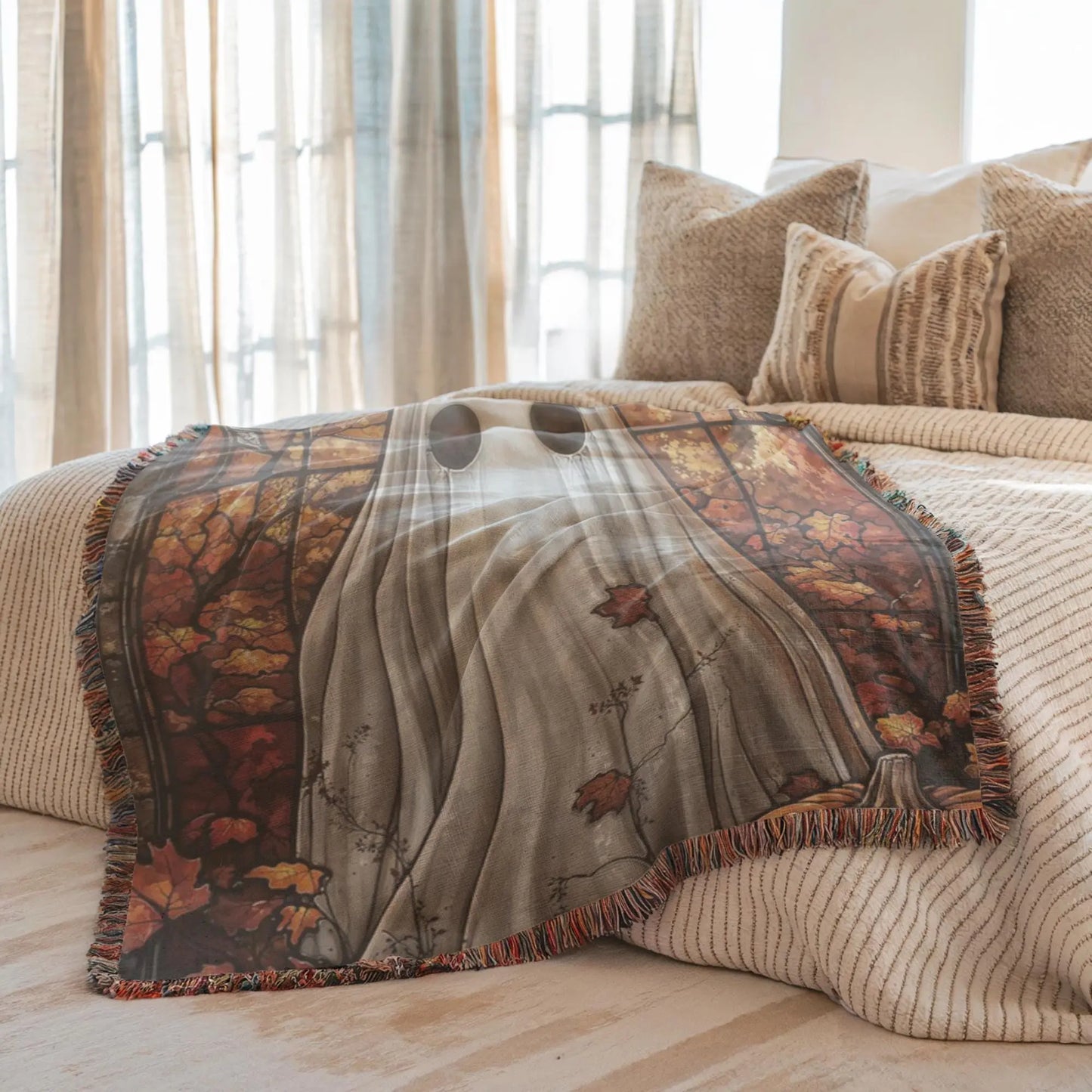 Halloween Blanket Throw – Ghost Pumpkin Design | Cozy Cotton Woven Blanket
