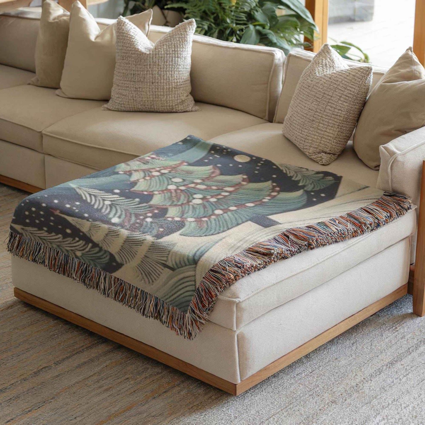 Forest Themed Woven Blanket – Cozy Winter Cotton Throw With Christmas Trees - timelessbohochic.com