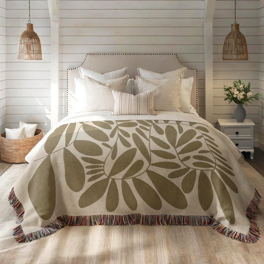 Woven Bedroom Blanket - Mid Century Modern Throw With Scandi Leaves Pattern | Cozy Home Decor