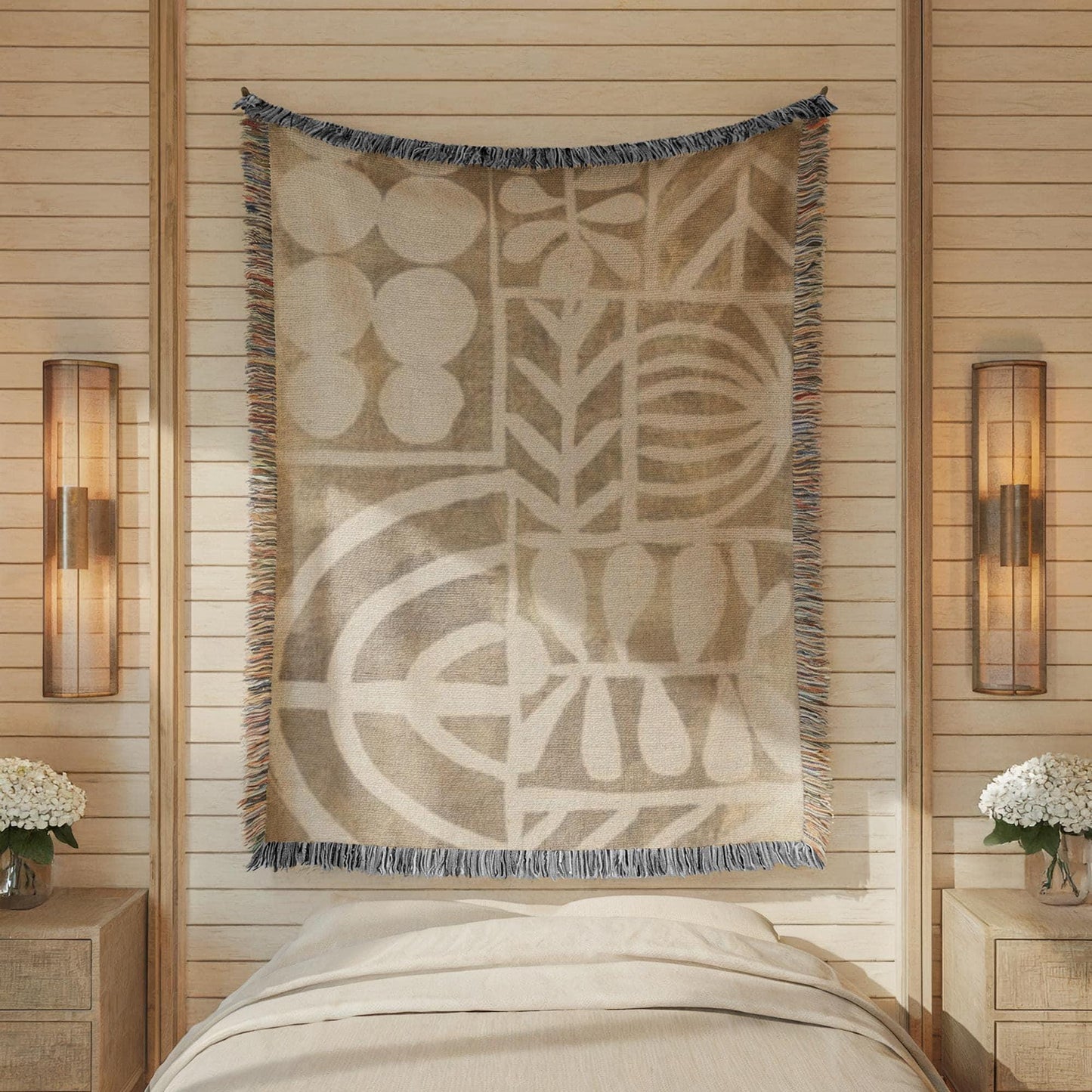 Modern Geometric woven blanket with geometric pattern styled for layered home decor