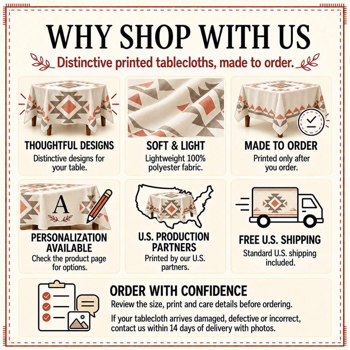 Why shop with us card: customizable designs, soft light fabric, made to order by U.S. partners