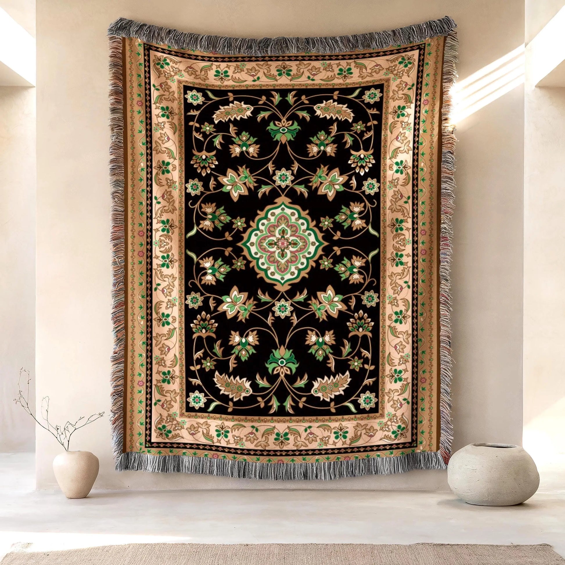 Middle East Woven Blanket – Cozy Kilim Cotton Throw with Fringed Edges