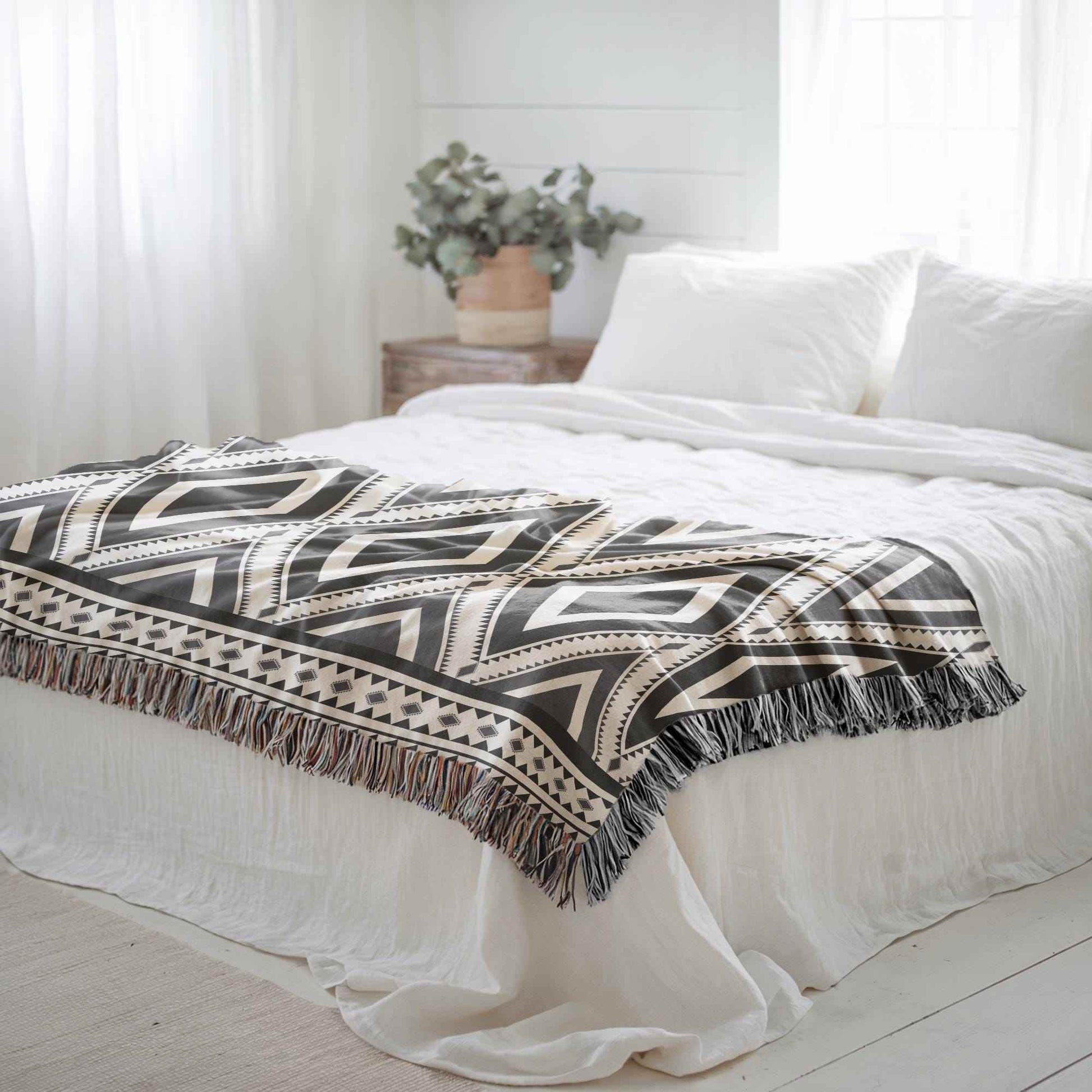 Southwestern Throw Blanket - Boho Cotton Throw with Tribal Pattern and Fringed Edges - timelessbohochic.com