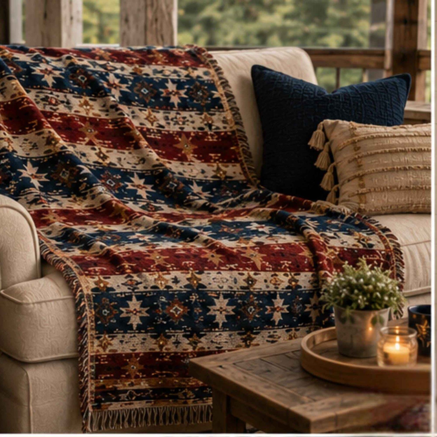 Southwestern woven blanket with geometric pattern styled for layered home decor
