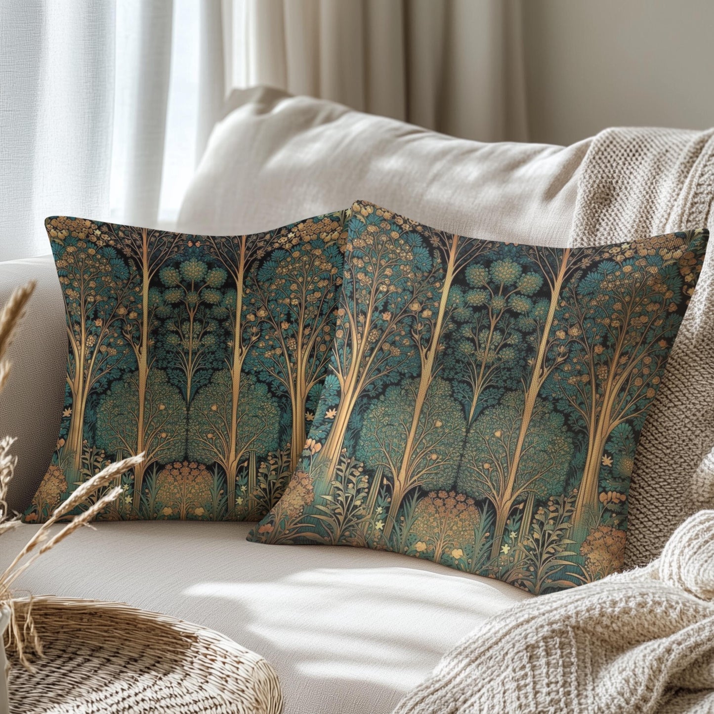Scandinavian Inspired pillow cover with woven pattern styled on a sofa or bed