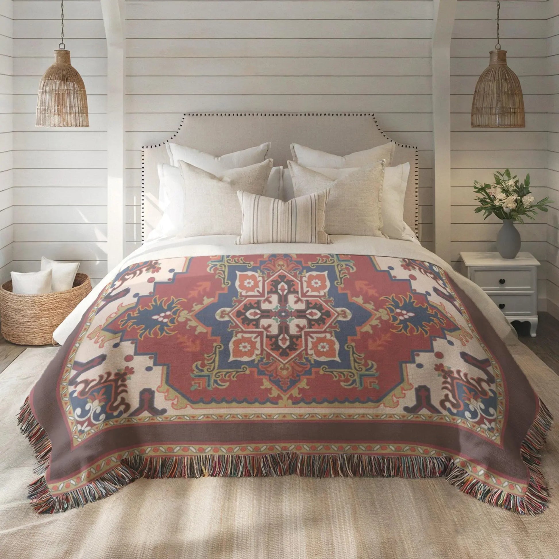 Woven Blanket - Persian Rug Throw With Fringed Edge | Soft Cotton Fabric Durable Cover