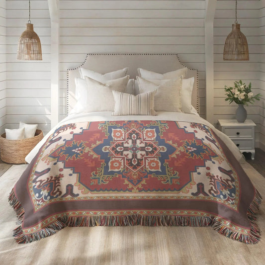 Woven Blanket - Persian Rug Throw With Fringed Edge | Soft Cotton Fabric Durable Cover