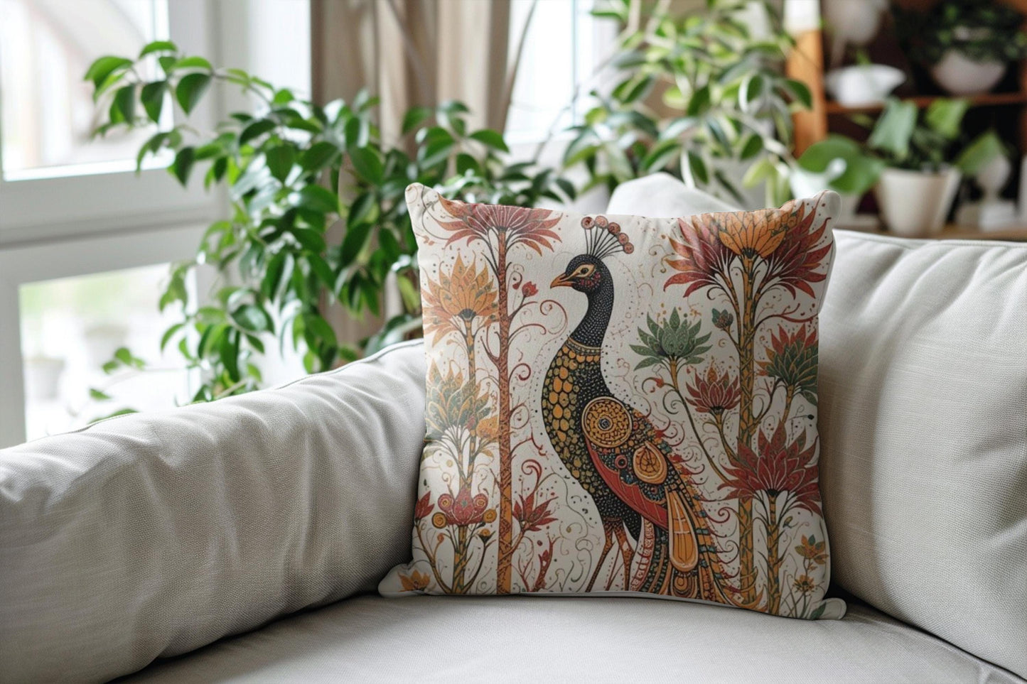 Moroccan Inspired pillow cover with woven pattern styled on a sofa or bed