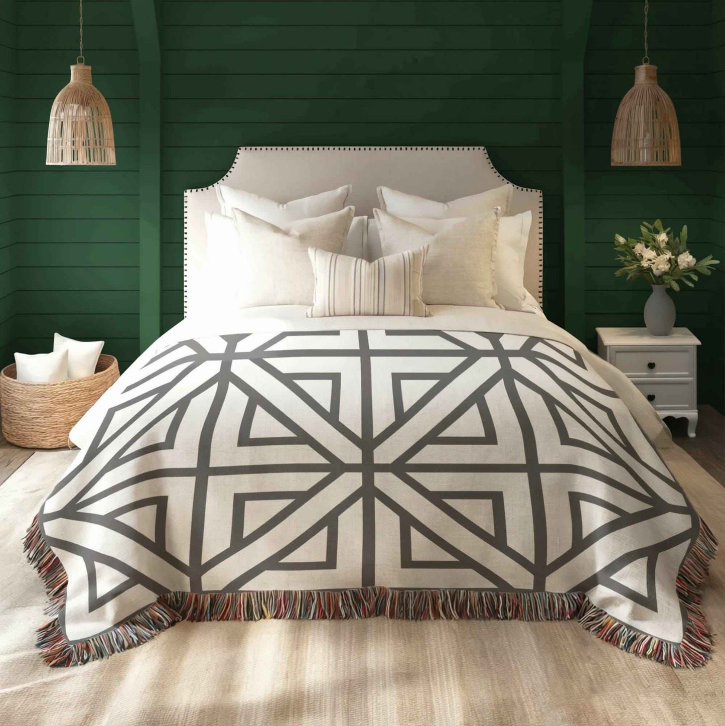 Modern Geometric woven blanket with geometric pattern styled for layered home decor