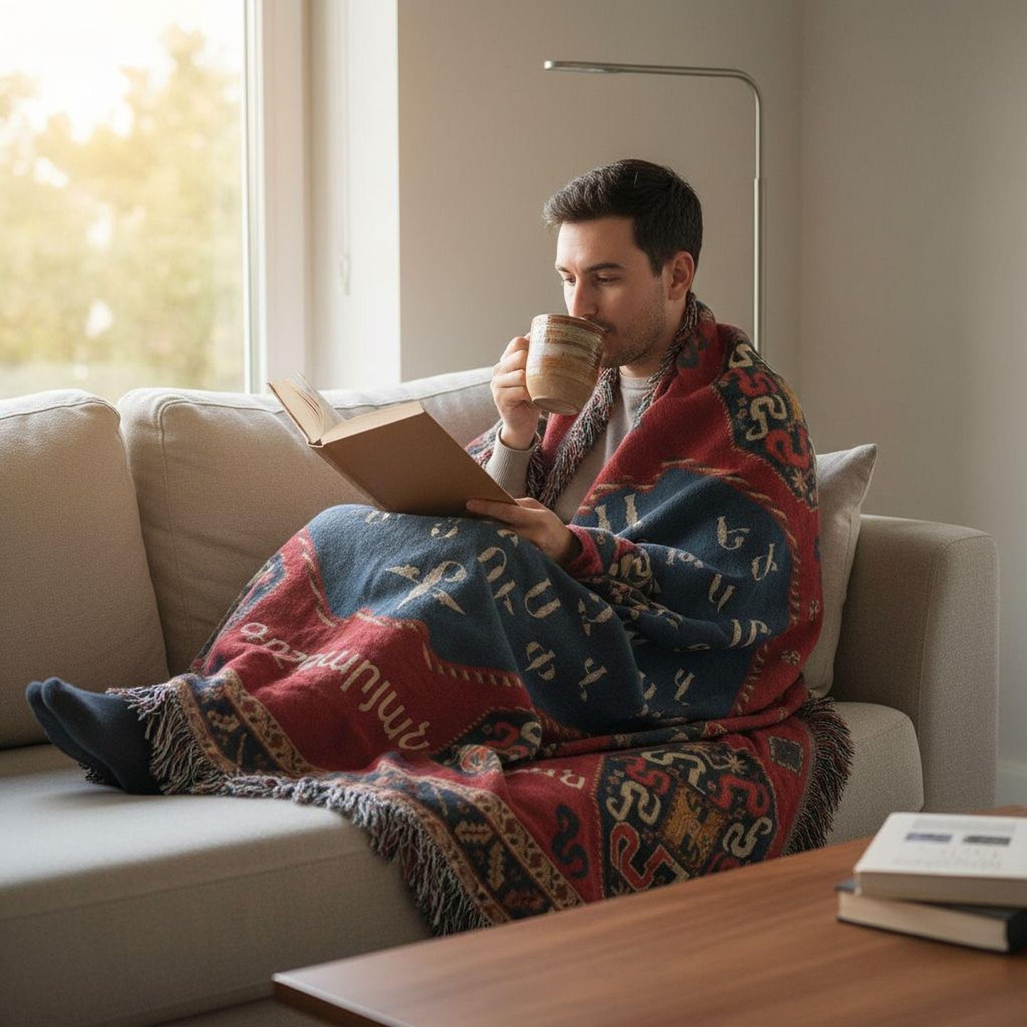 Modern Geometric woven blanket with geometric pattern styled for layered home decor