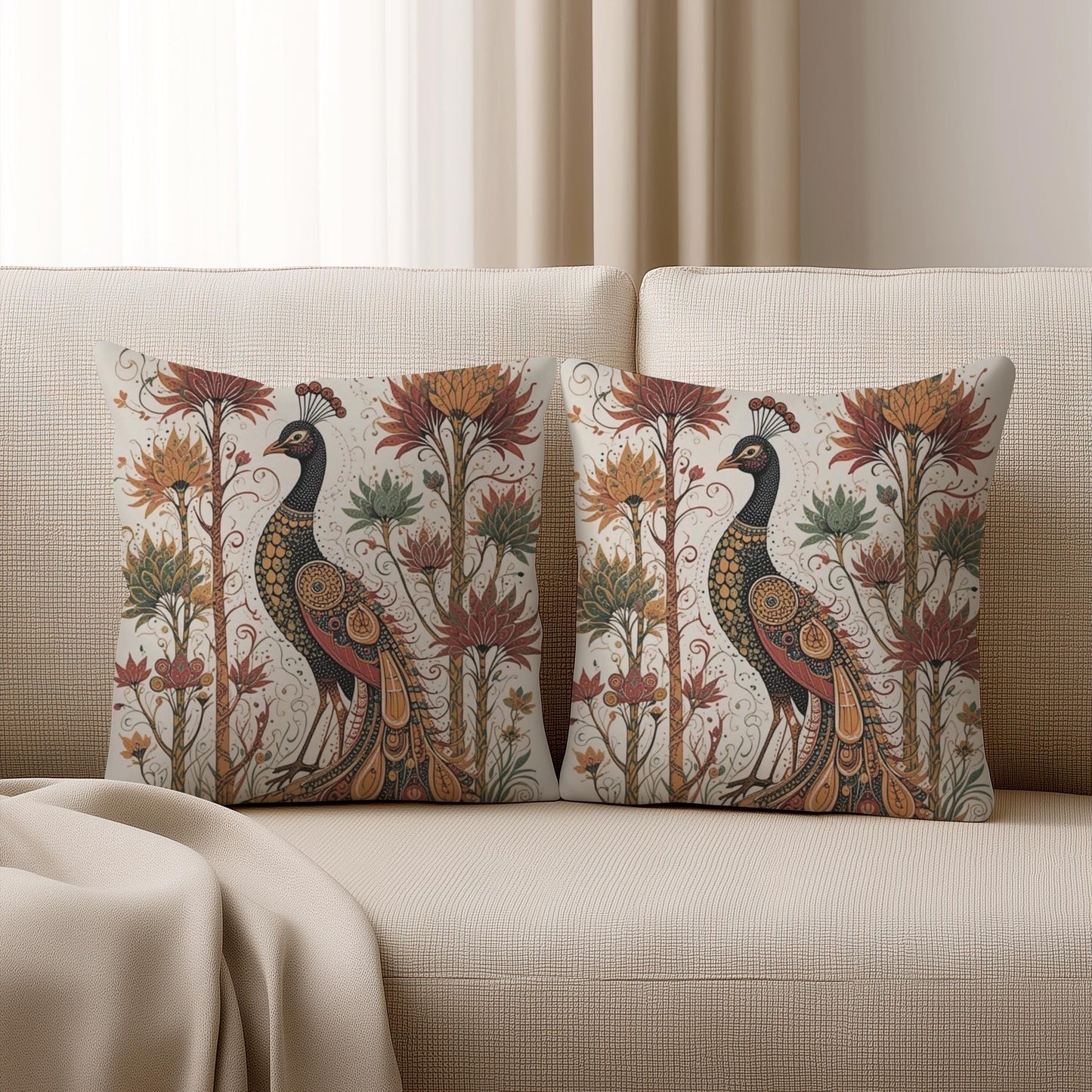Moroccan Inspired pillow cover with woven pattern styled on a sofa or bed