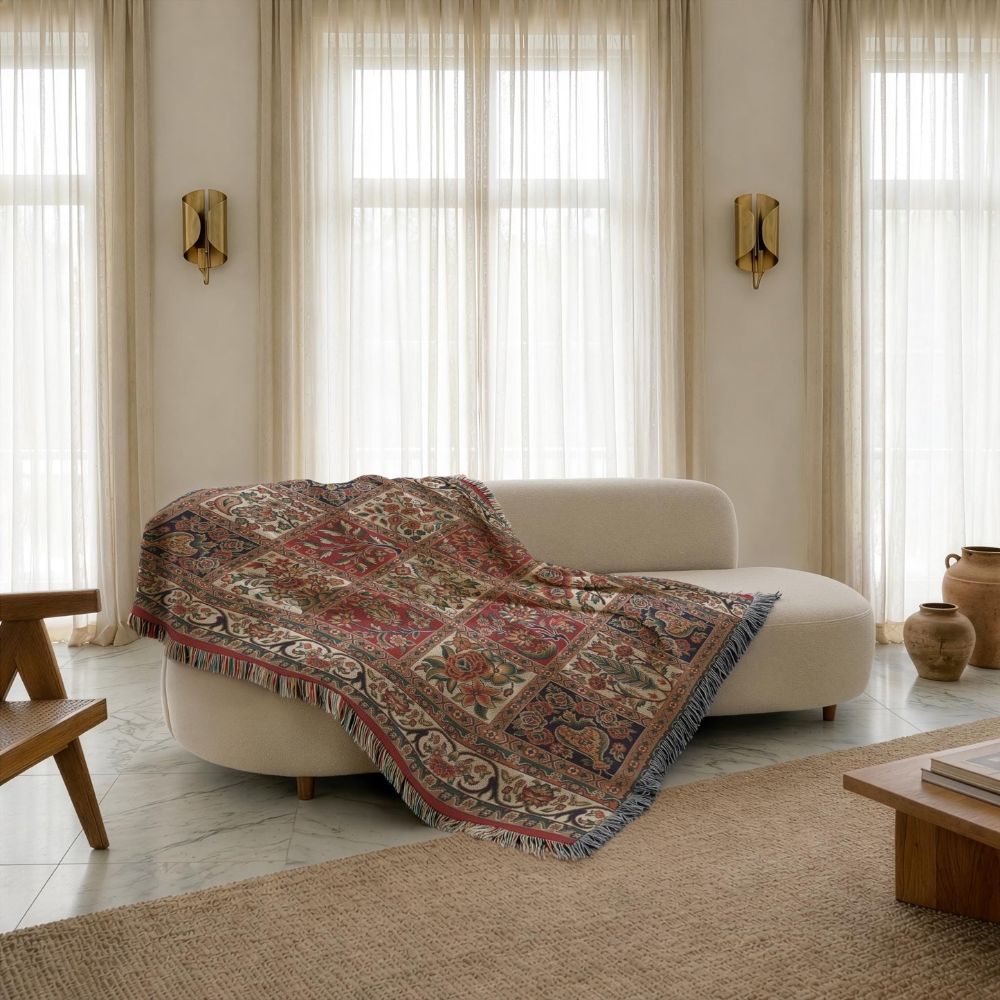 Anatolian Inspired woven blanket with floral pattern styled for layered home decor