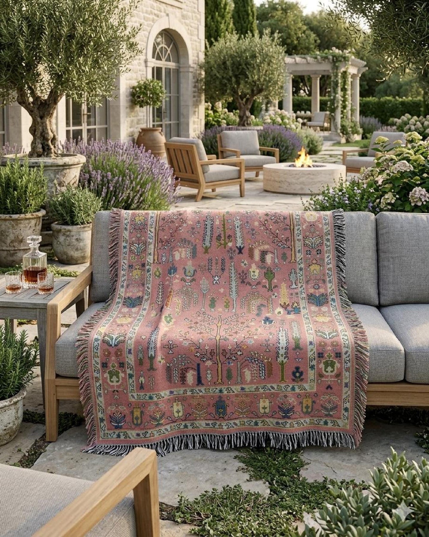 Anatolian Inspired outdoor woven throw blanket with rug-style pattern for patio styling