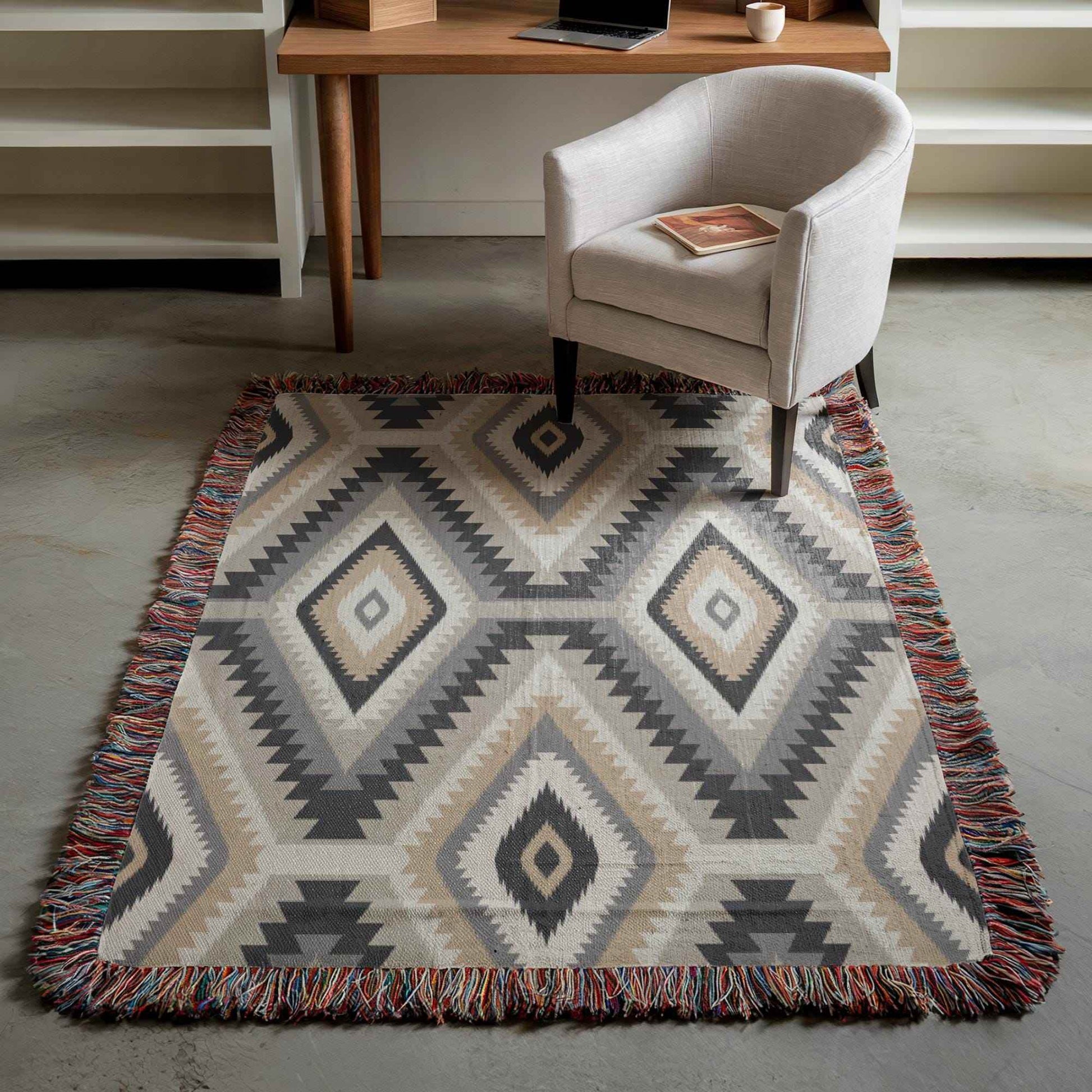 Tribal Pattern Throw Blanket - Cotton Cozy Fall Accent With Fringed Edges - timelessbohochic.com