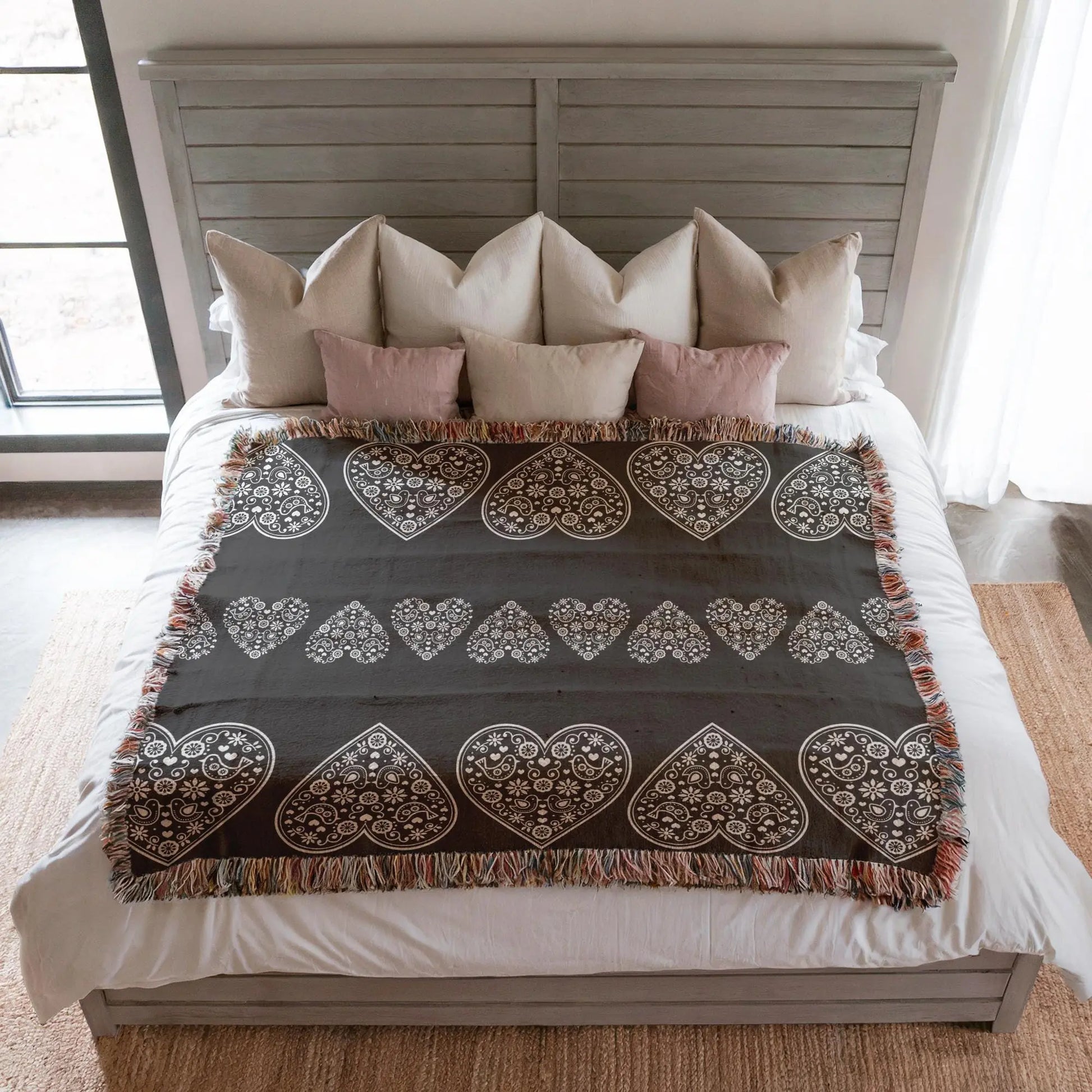 Cotton Woven Blanket – Scandinavian Throw With Scandi Hearts Pattern & Fringed Edges