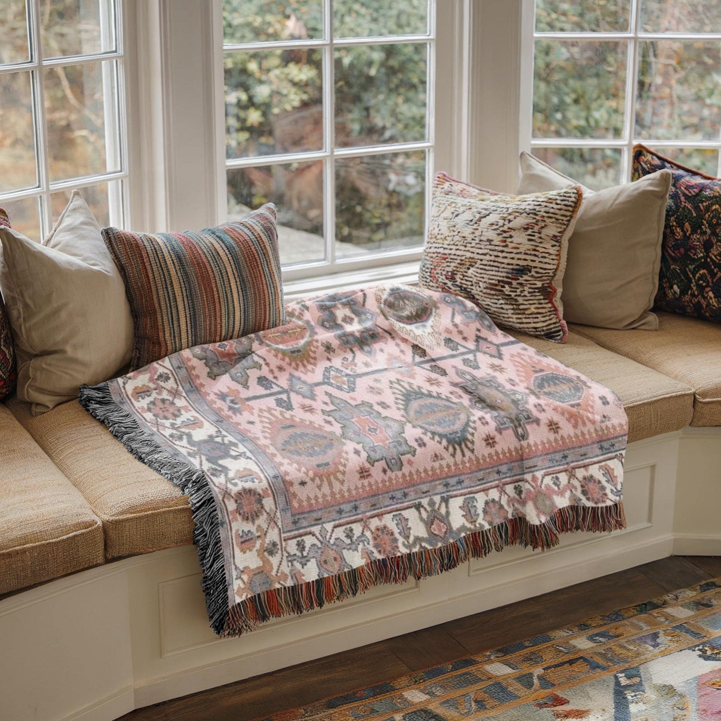 Caucasian Rug Inspired woven wall tapestry with geometric pattern styled as textile wall decor