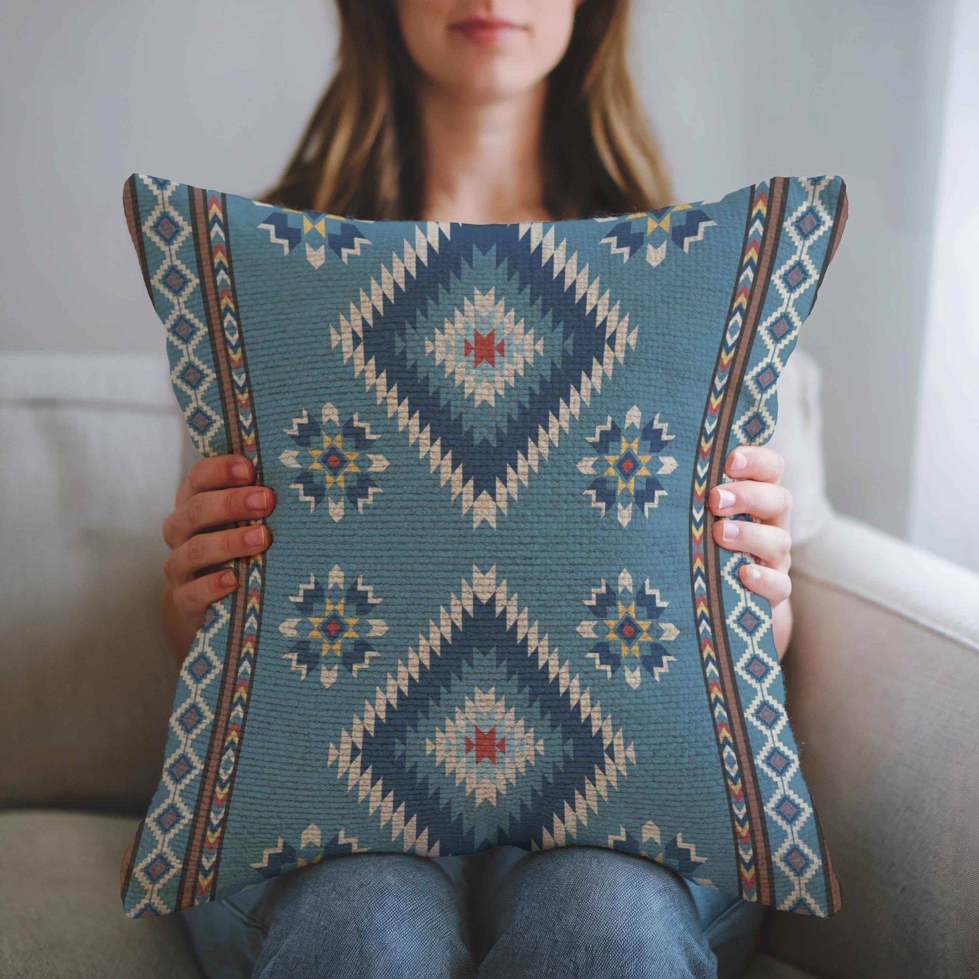 Rustic Navajo Pillow - Woven Cotton Ikat Pattern With Boho Fringe Cushion - timelessbohochic.com